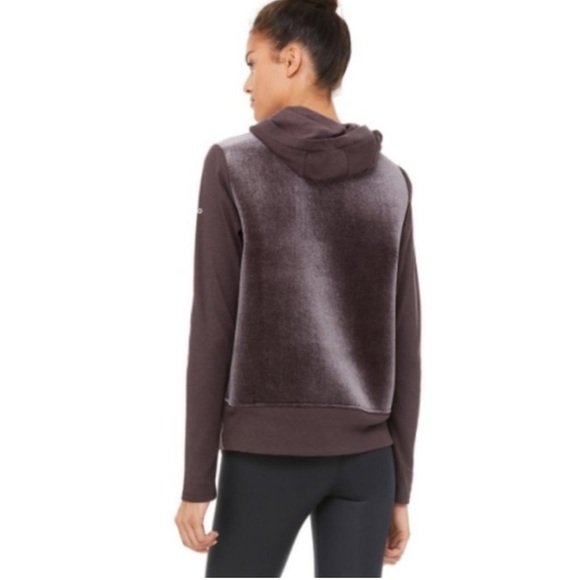 ALO Luxe Velour Long Sleeve Hoodie Sweatshirt in Raisin - Picture 2 of 5